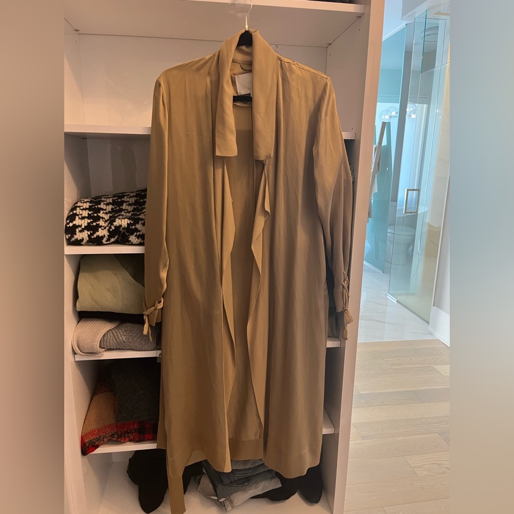 Aritzia Silk Gold Duster by Wildfred with wrist tie detail.